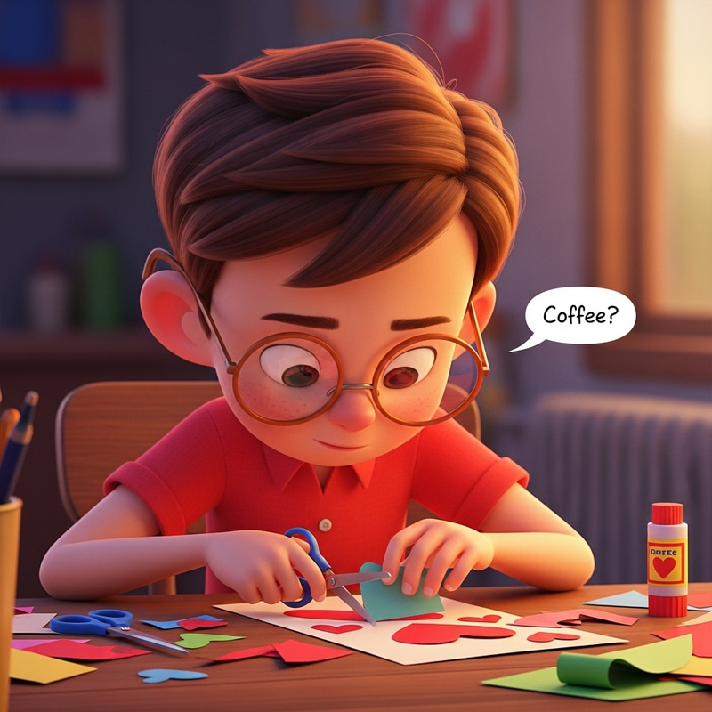 Cute Boy with Glasses Crafting Valentine's Card - Coffee Invitation