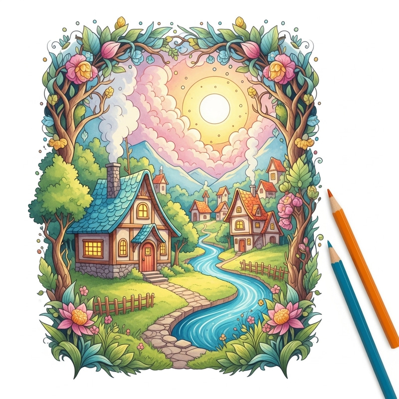 Whimsical Cottage in Enchanting Village | Fantasy Illustration Whimsical Cottage in Enchanting Village | Fantasy Illustration