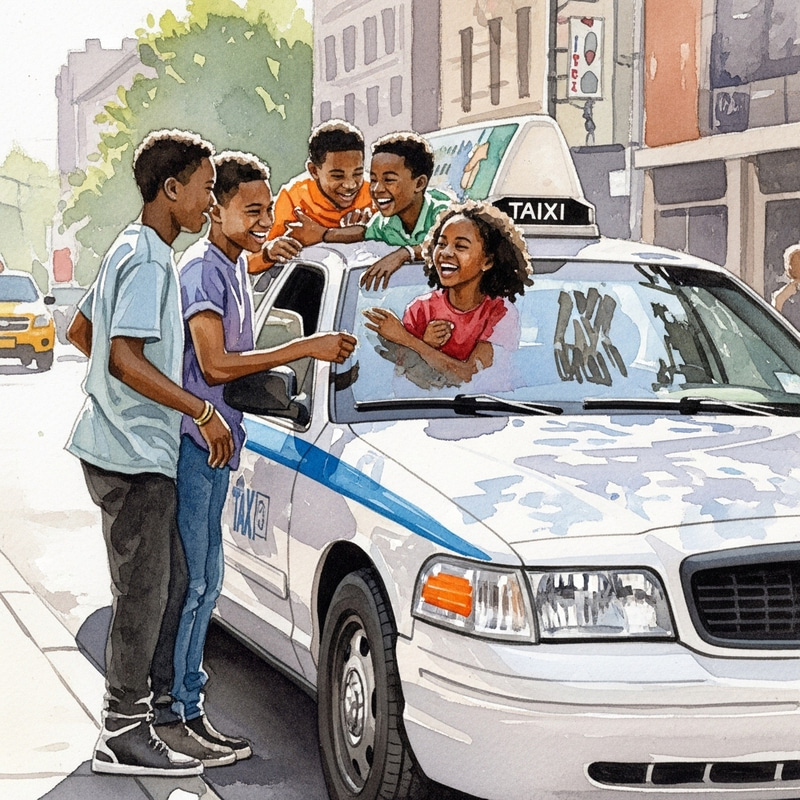 Joyful Black Teenagers by White Taxi Cab - Illustration Painting Joyful Black Teenagers by White Taxi Cab - Illustration Painting