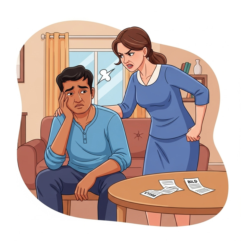 Illustration: Husband Scolded by Wife for Failing Financial Duties Illustration: Husband Scolded by Wife for Failing Financial Duties