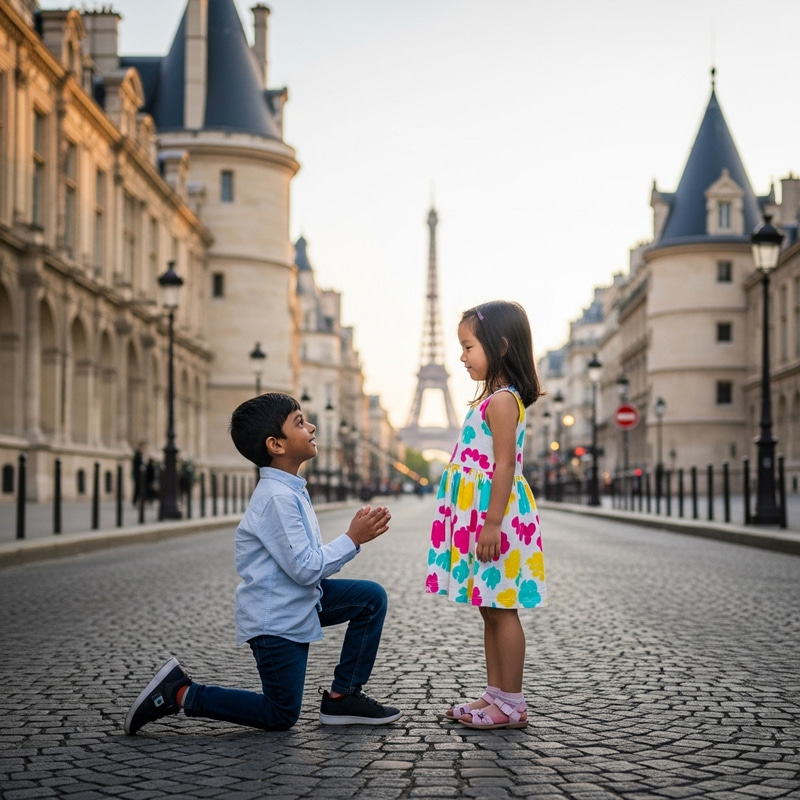 Boy Kneeling Before Girl in Paris