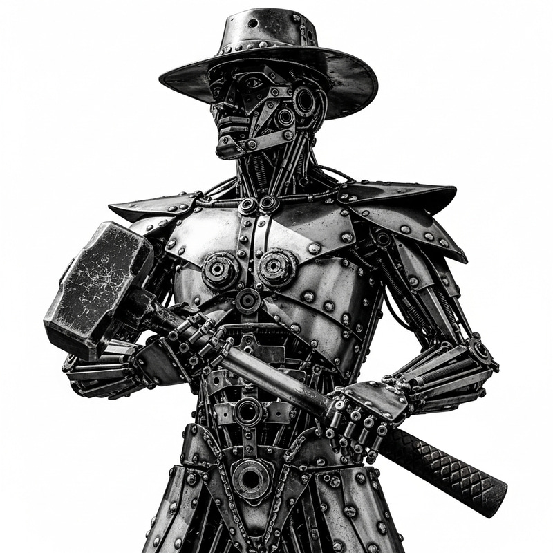 Metallic Figure with Hammer in Wide-Brimmed Hat Metallic Figure with Hammer in Wide-Brimmed Hat