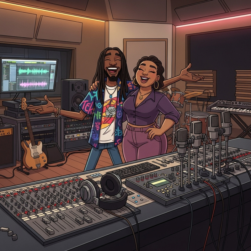Cartoon Man with Dreadlocks and His Black Girlfriend in Recording Studio