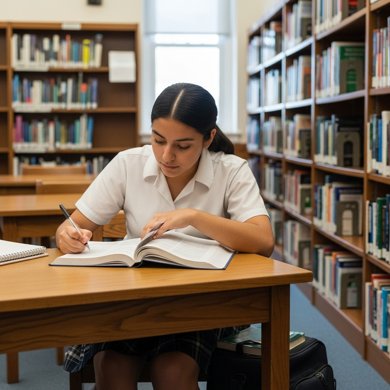 High School Female Student in Library - Hispanic Focus