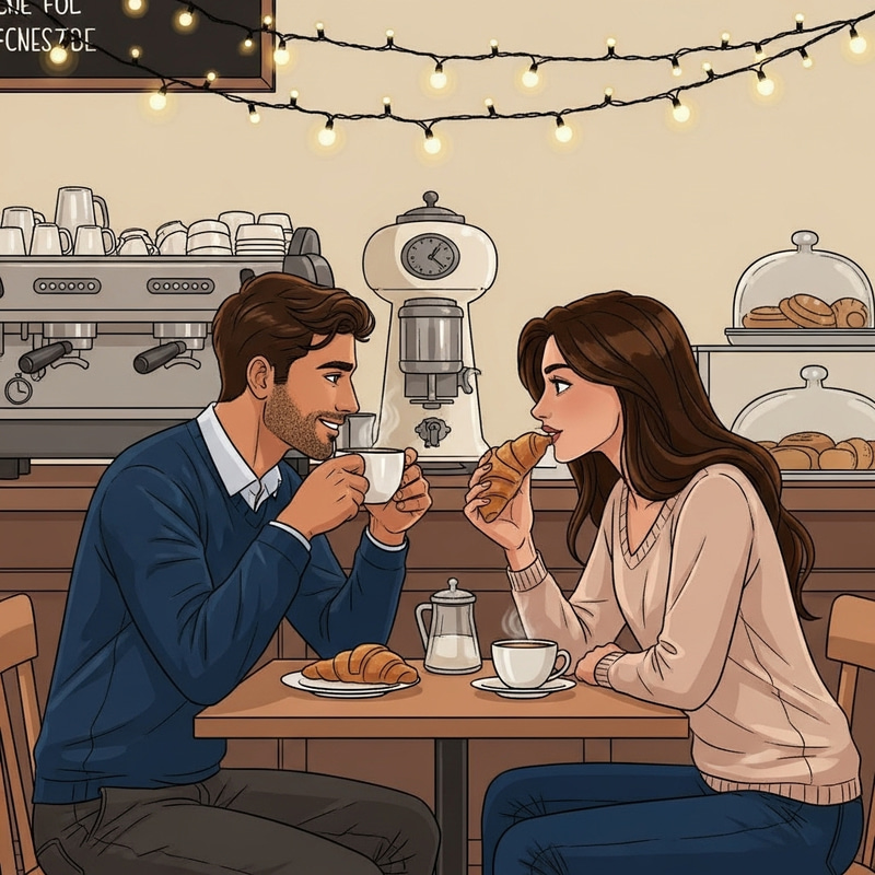 Romantic Café Date: Couple Enjoying Coffee and Croissant Romantic Café Date: Couple Enjoying Coffee and Croissant