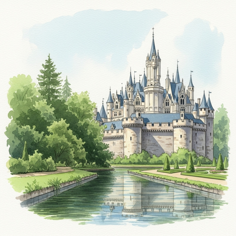 Majestic Castle Watercolor - Tranquil Day Scene