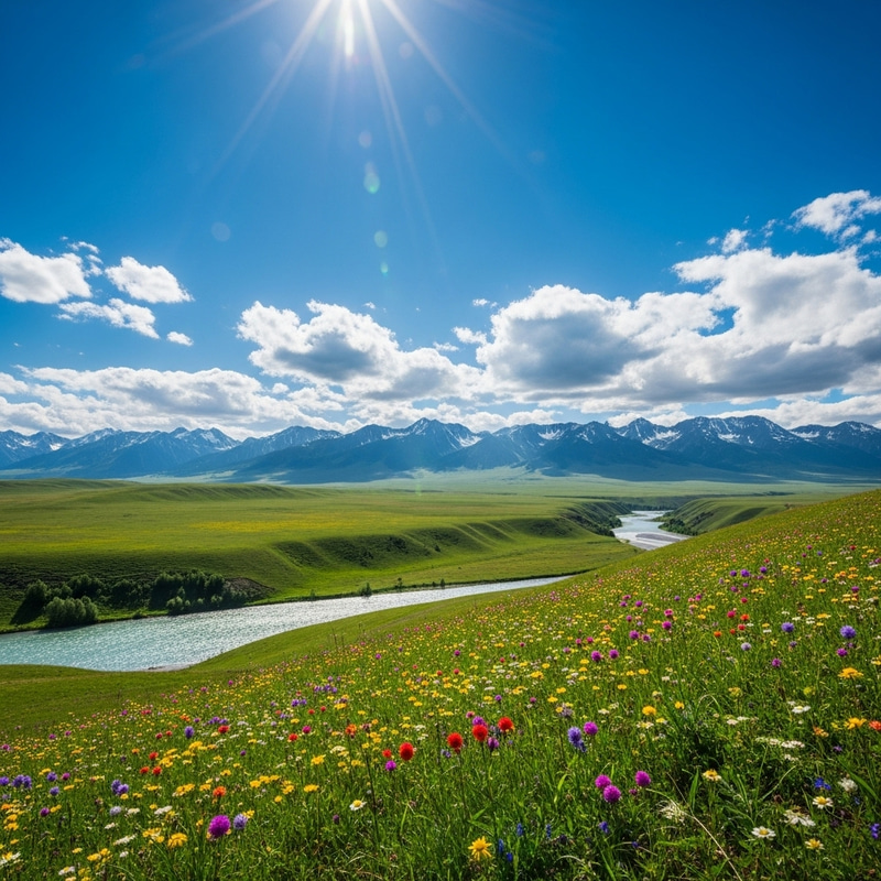 Tranquil Green Hills and Majestic Mountains Landscape