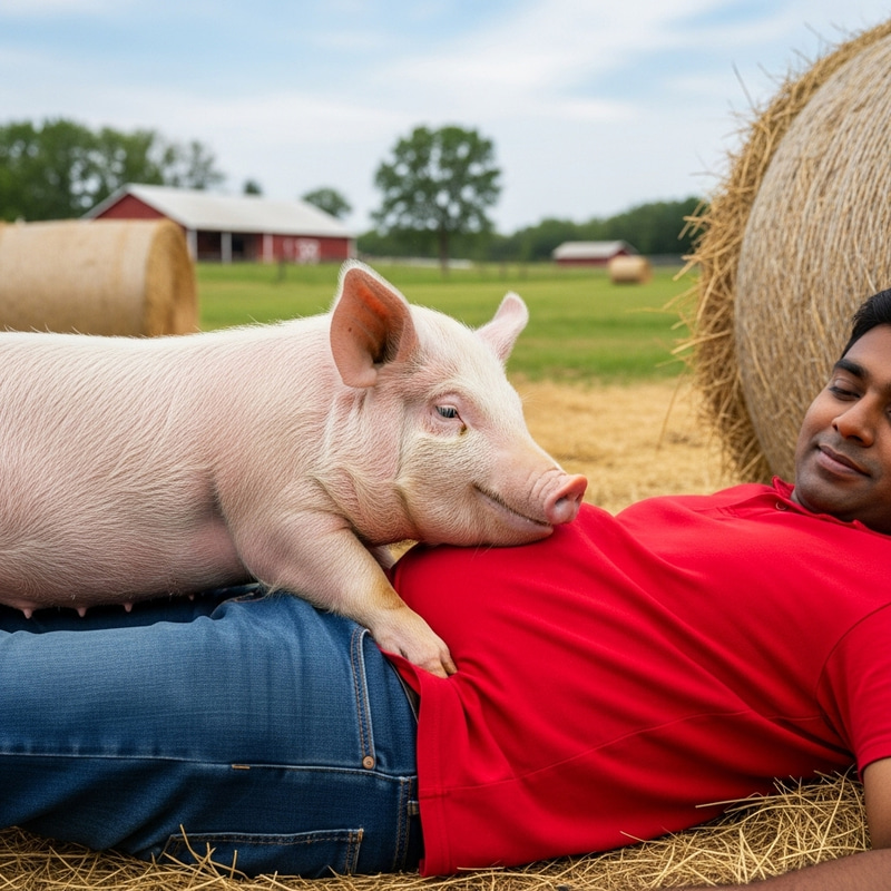 Funny Pig Jokingly Biting Belly | Charming Farm Scene Funny Pig Jokingly Biting Belly | Charming Farm Scene