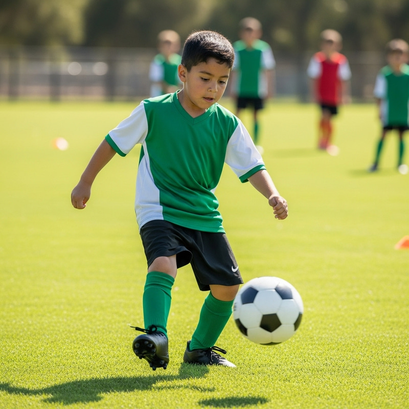 Boy Playing Football: Passionate Kick on Sunlit Field Boy Playing Football: Passionate Kick on Sunlit Field