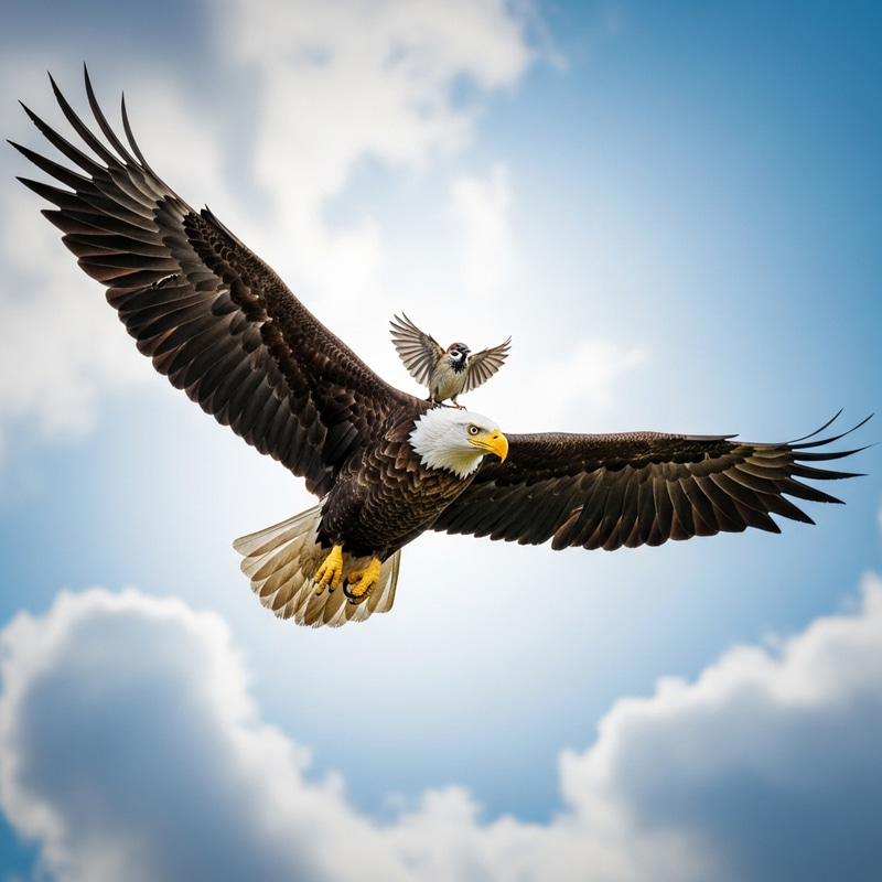 Majestic Eagle Shielding Sparrow in Azure Sky | Unique Aerial Scene Majestic Eagle Shielding Sparrow in Azure Sky | Unique Aerial Scene