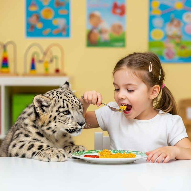 Adorable Moment: Little Girl Sharing Meal with Baby Snow Leopard