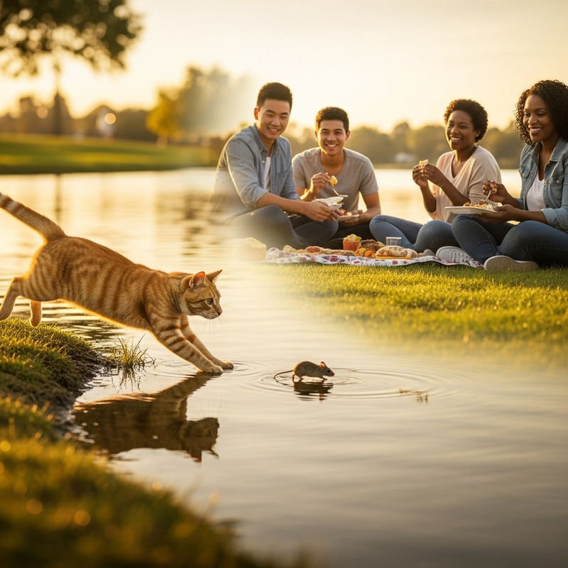 Adorable Cat Chasing Mice by Lake, Lakeside Picnic Scene Adorable Cat Chasing Mice by Lake, Lakeside Picnic Scene