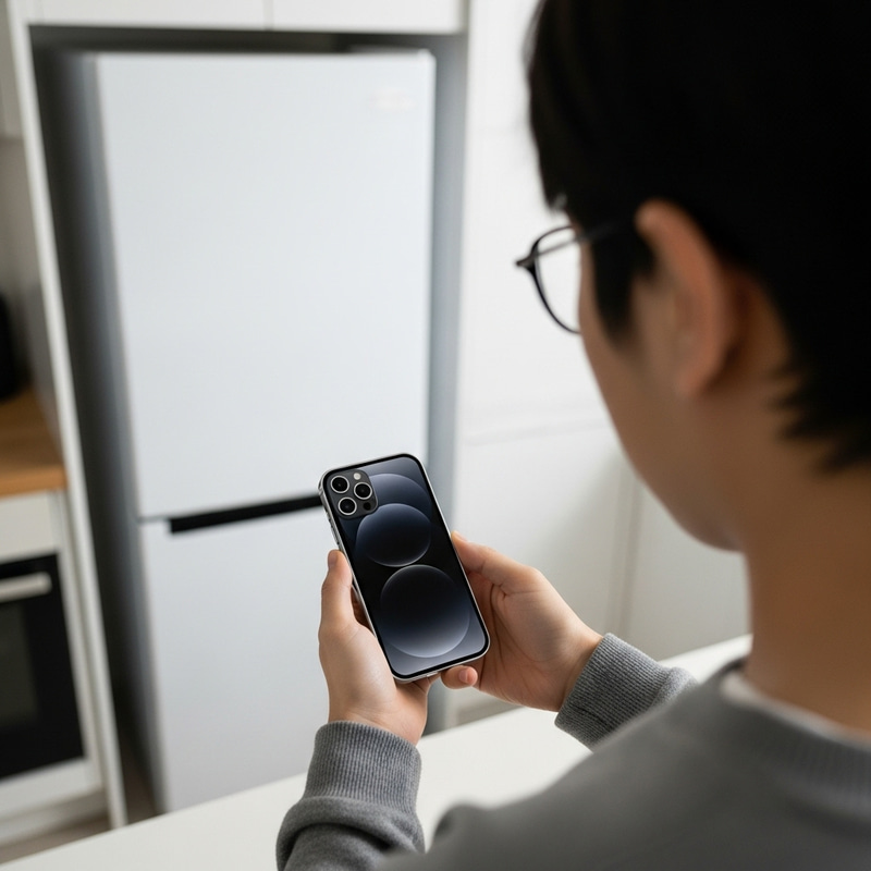 Man Holding iPhone 14 in Kitchen with White Refrigerator in Background Man Holding iPhone 14 in Kitchen with White Refrigerator in Background