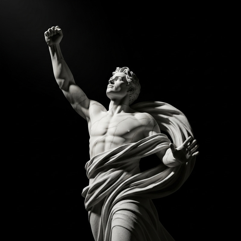 White Motivational Human Statue on Black Background | Inspiring Determination White Motivational Human Statue on Black Background | Inspiring Determination