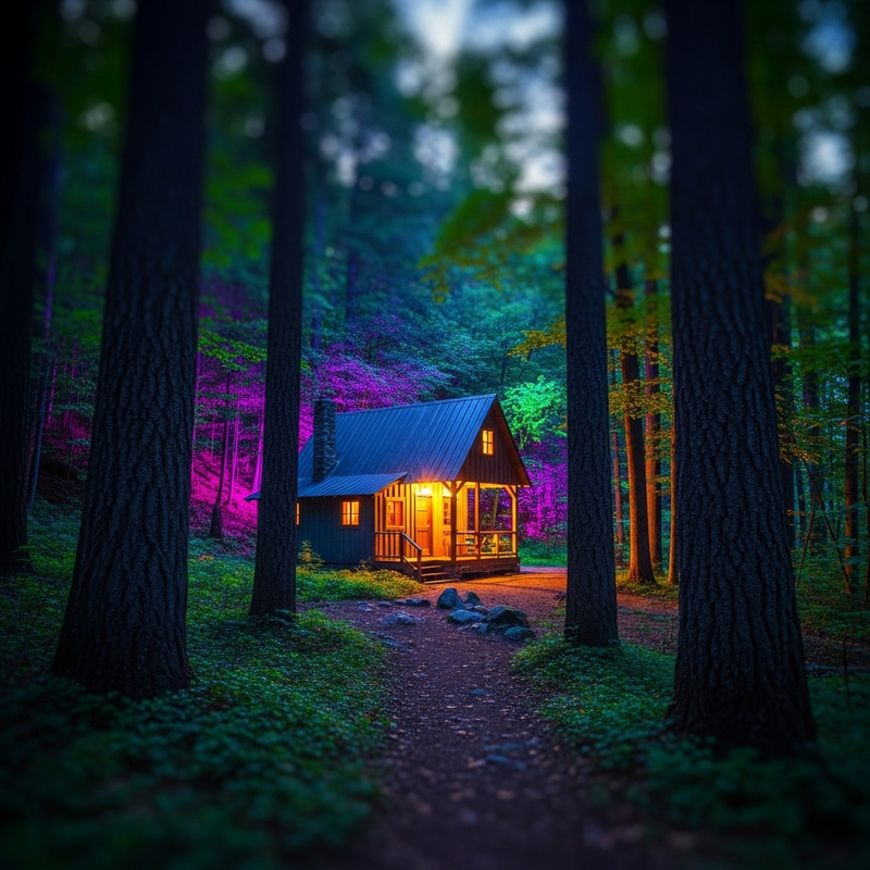 Enchanted Cabin Amid Mystical Woodland | Vivid Colors & Ethereal Lighting