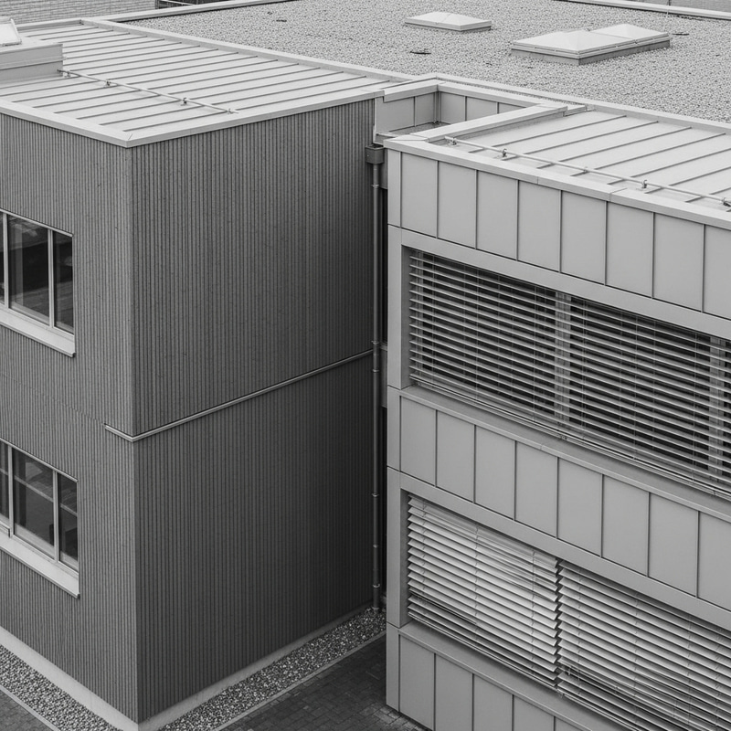 Contrasting Minimalist School Building: Gray Wood & Metal Facades Contrasting Minimalist School Building: Gray Wood & Metal Facades