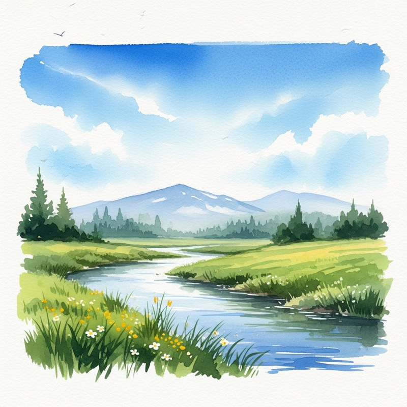 Tranquil Watercolor Landscape Creation: Scenic Meadow View Tranquil Watercolor Landscape Creation: Scenic Meadow View
