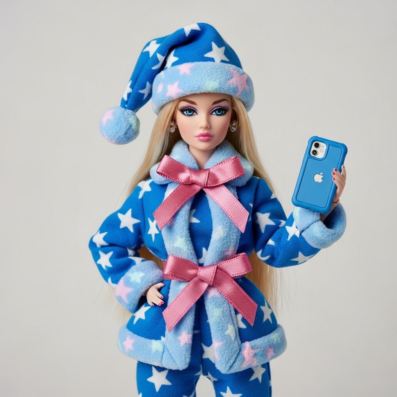 Trendy Winter Fashion Doll in Blue Outfit with Smartphone