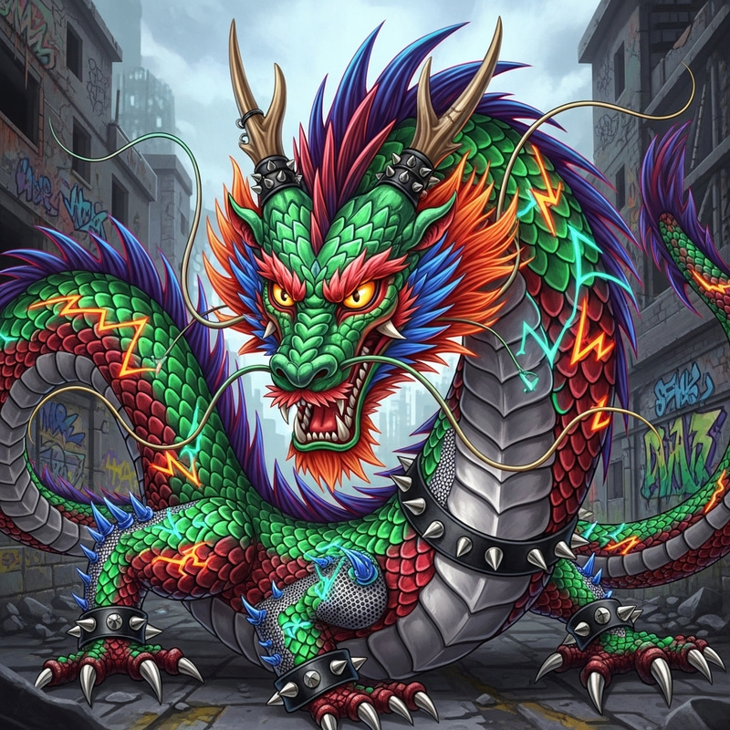 Punk Chinese Dragon in Dystopian Urban Landscape Punk Chinese Dragon in Dystopian Urban Landscape