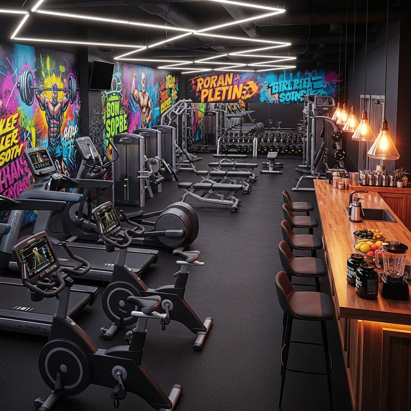 Neon Gym Interior with Fitness Murals and Workout Equipment Neon Gym Interior with Fitness Murals and Workout Equipment