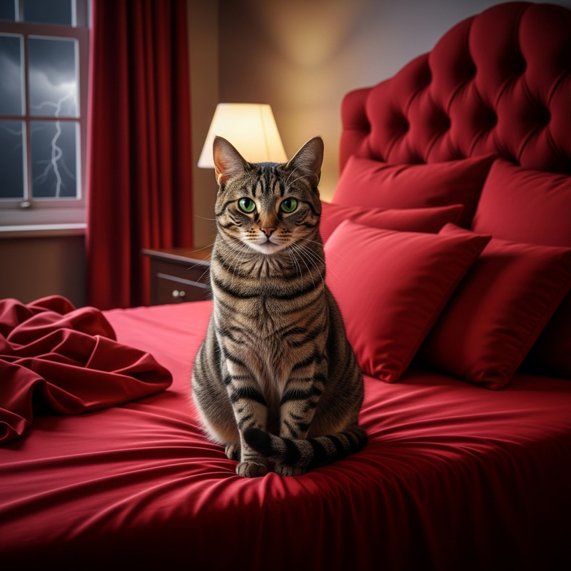Cute Cat Sitting on Red Bed