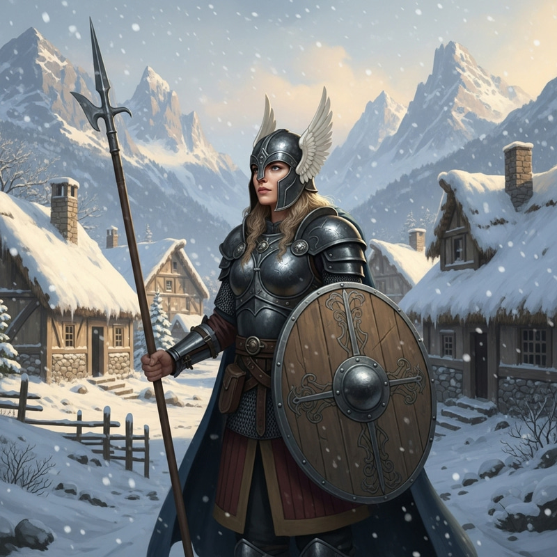 Caucasian Female Valkyrie in Snow Village