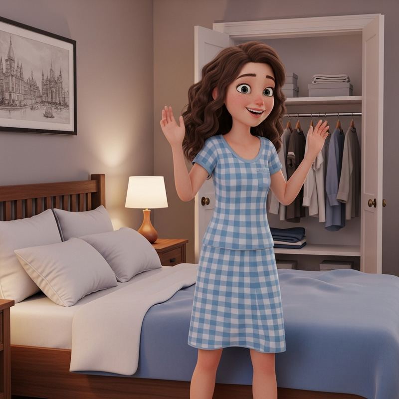 3D Animation of Emma with Long Curly Brown Hair Standing Happily Next to Bed 3D Animation of Emma with Long Curly Brown Hair Standing Happily Next to Bed