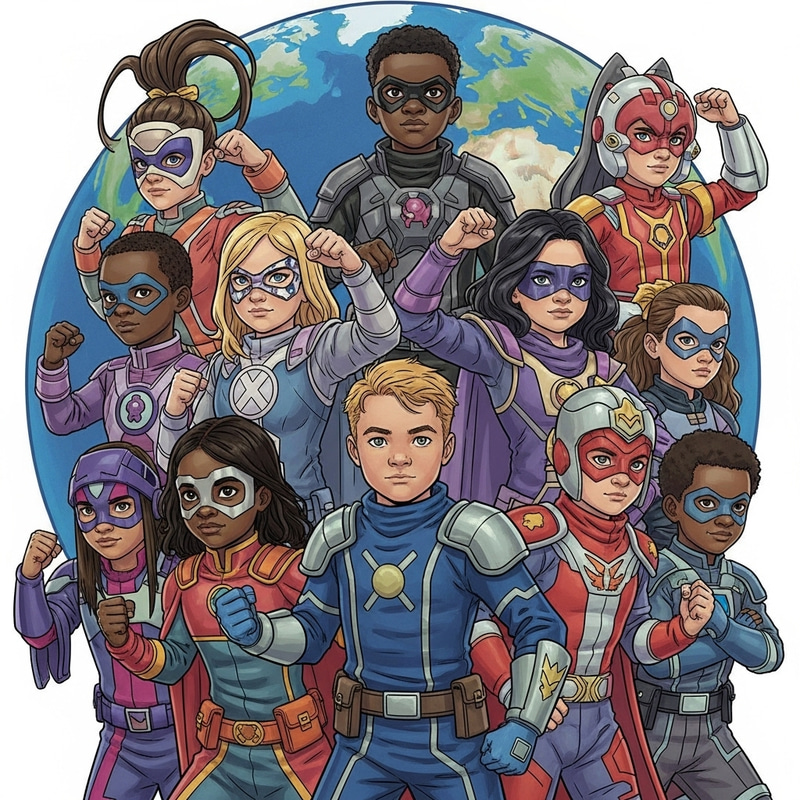 Vibrant Futuristic Guardian Kids Protecting Earth | Superhero Art Vibrant Futuristic Guardian Kids Protecting Earth | Superhero Art
