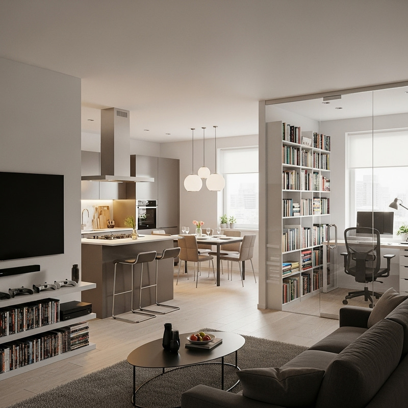 Modern Apartment Living Room with Entertainment Area, Dining Space, Open Kitchen & Study Room