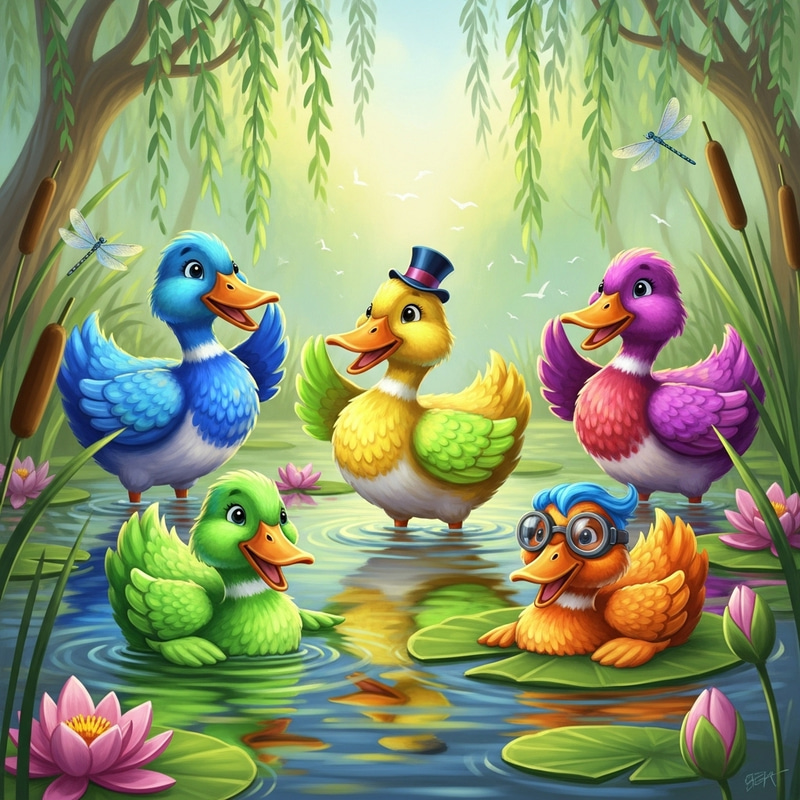 Whimsical Collection of Vibrant Ducks in Nature-Inspired Digital Painting Whimsical Collection of Vibrant Ducks in Nature-Inspired Digital Painting