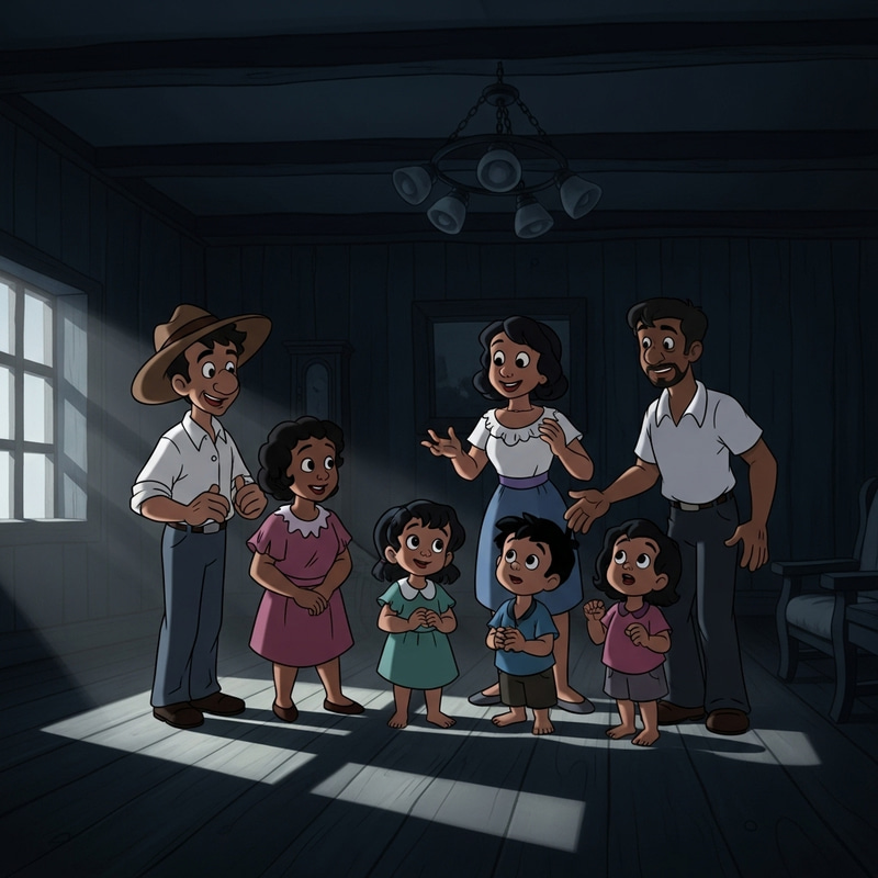 Colombian Family Animated Disney-Style in Dark Room Colombian Family Animated Disney-Style in Dark Room