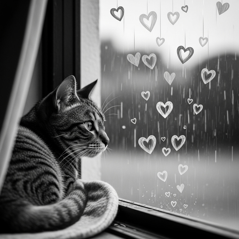 Black & White Cat in Rain & Hearts Pattern Black & White Cat in Rain & Hearts Pattern