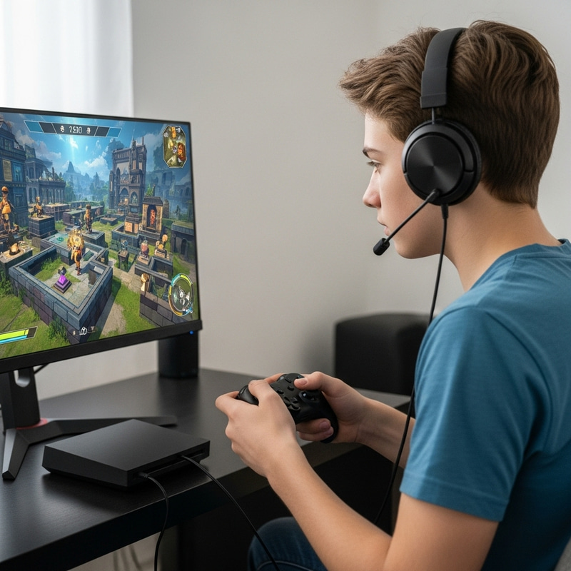 Teen Engrossed in Immersive Video Game Experience Teen Engrossed in Immersive Video Game Experience