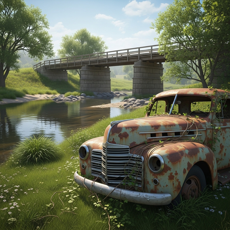 Serene Rural Bridge and Abandoned Vehicle Scene Serene Rural Bridge and Abandoned Vehicle Scene