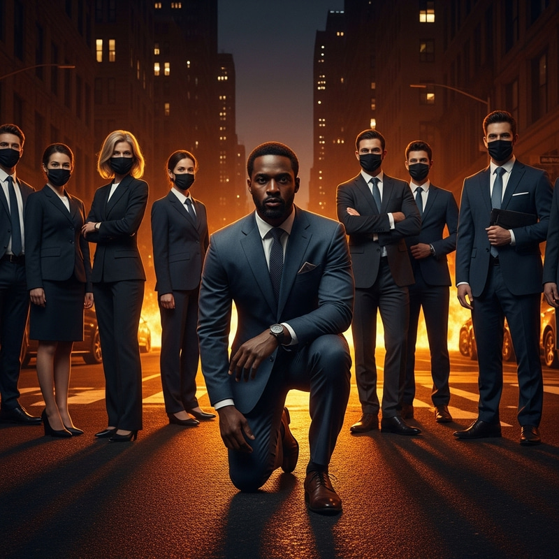 Dramatic Night Scene: Man in Suit Kneeling on Fire Street