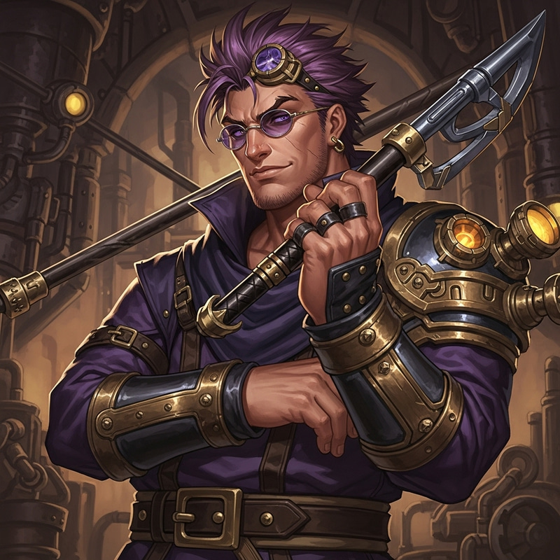 Rugged Steampunk Monk with Violet Hair & Eyes Rugged Steampunk Monk with Violet Hair & Eyes