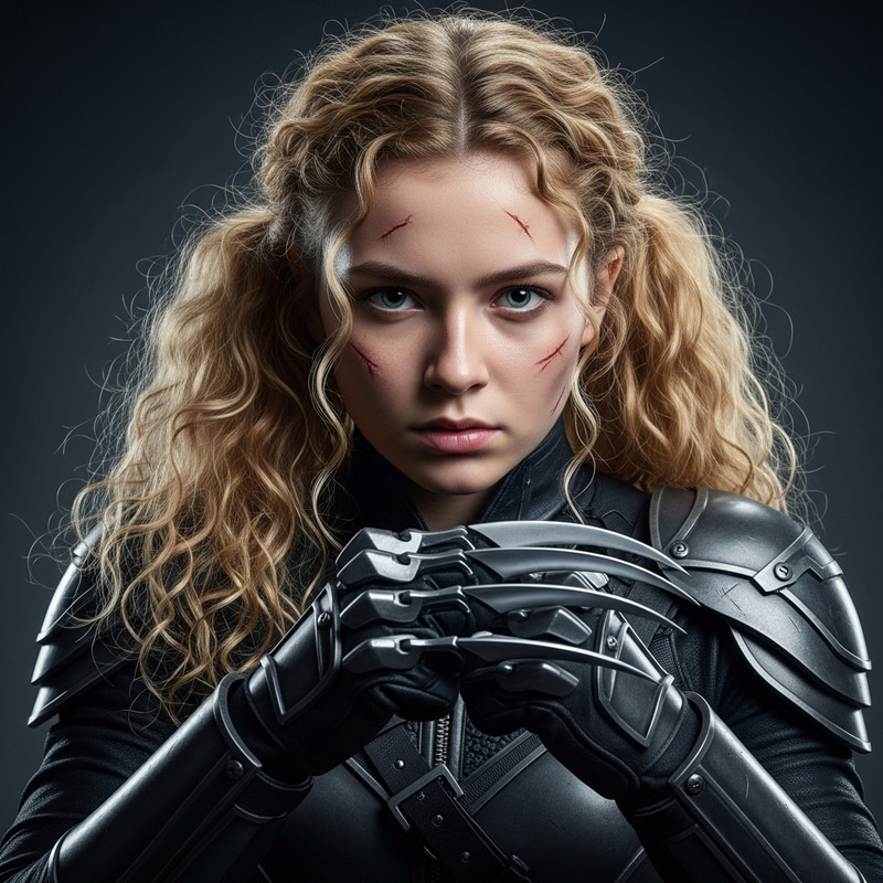 Serious Teenage Girl with Blue Eyes and Blonde Curly Hair in Prowler Costume with Metal Claws | Intense Warrior Serious Teenage Girl with Blue Eyes and Blonde Curly Hair in Prowler Costume with Metal Claws | Intense Warrior