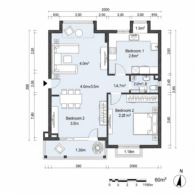 60 Sq M House Blueprint - Detailed Plan & Layout 60 Sq M House Blueprint - Detailed Plan & Layout
