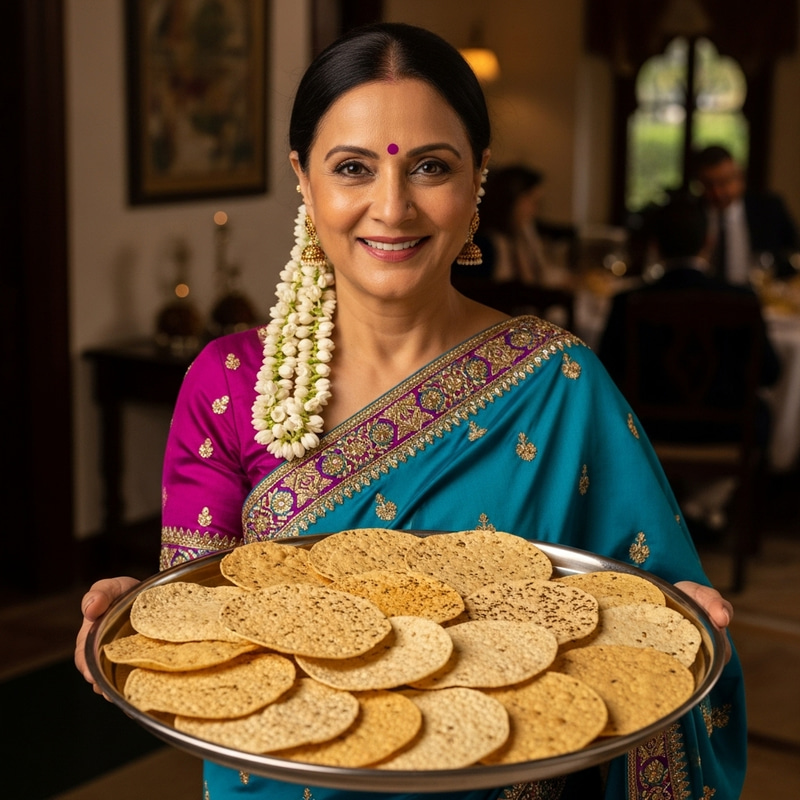 Elegant Indian Woman Serving Crispy Papads | Traditional Attire