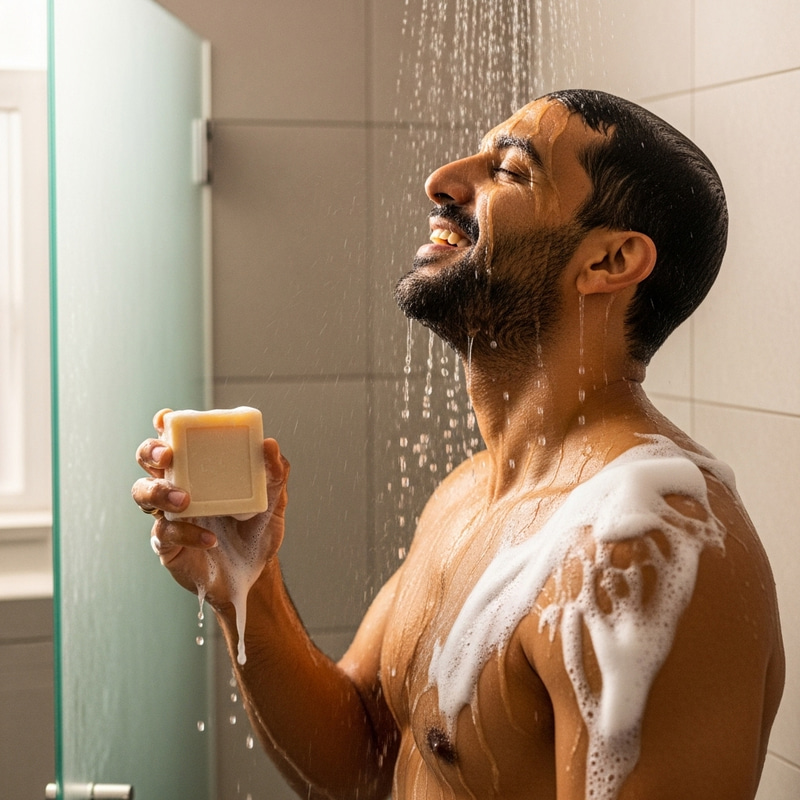 Middle-Eastern Man Enjoying Shower with Square Bar Soap Middle-Eastern Man Enjoying Shower with Square Bar Soap