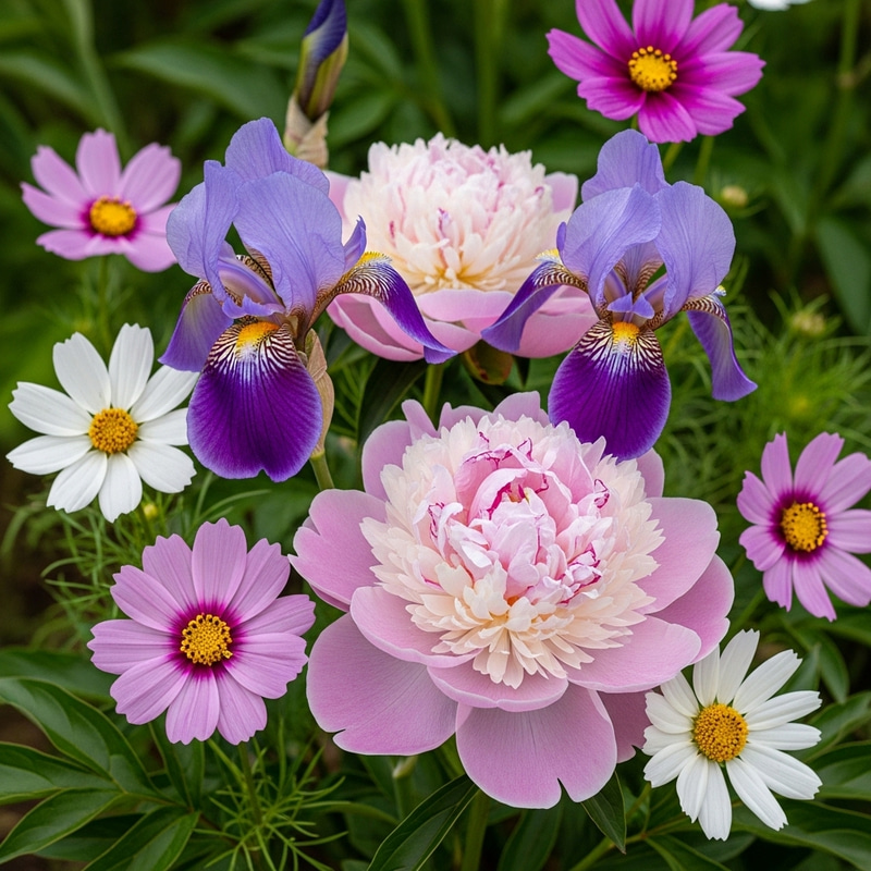 Vibrant Botanical Fusion: Peony, Iris, Cosmos, and Daisy Photography Vibrant Botanical Fusion: Peony, Iris, Cosmos, and Daisy Photography