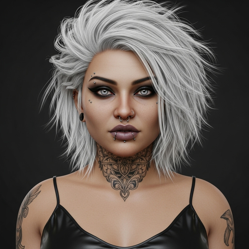 Fantasy Goth Woman with Piercings: Confident Portrait in Digital Art Style