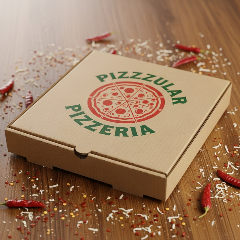 Cardboard Pizza Box on Wooden Table: Imaginary Local Pizzeria Logo Cardboard Pizza Box on Wooden Table: Imaginary Local Pizzeria Logo