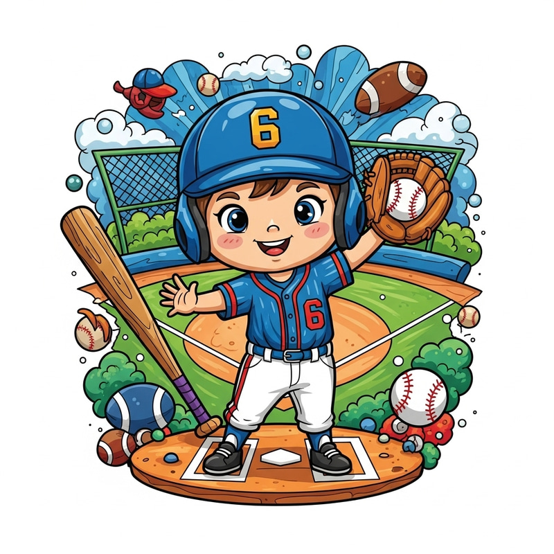 Whimsical Baseball Kid in Vibrant Crayon World Whimsical Baseball Kid in Vibrant Crayon World