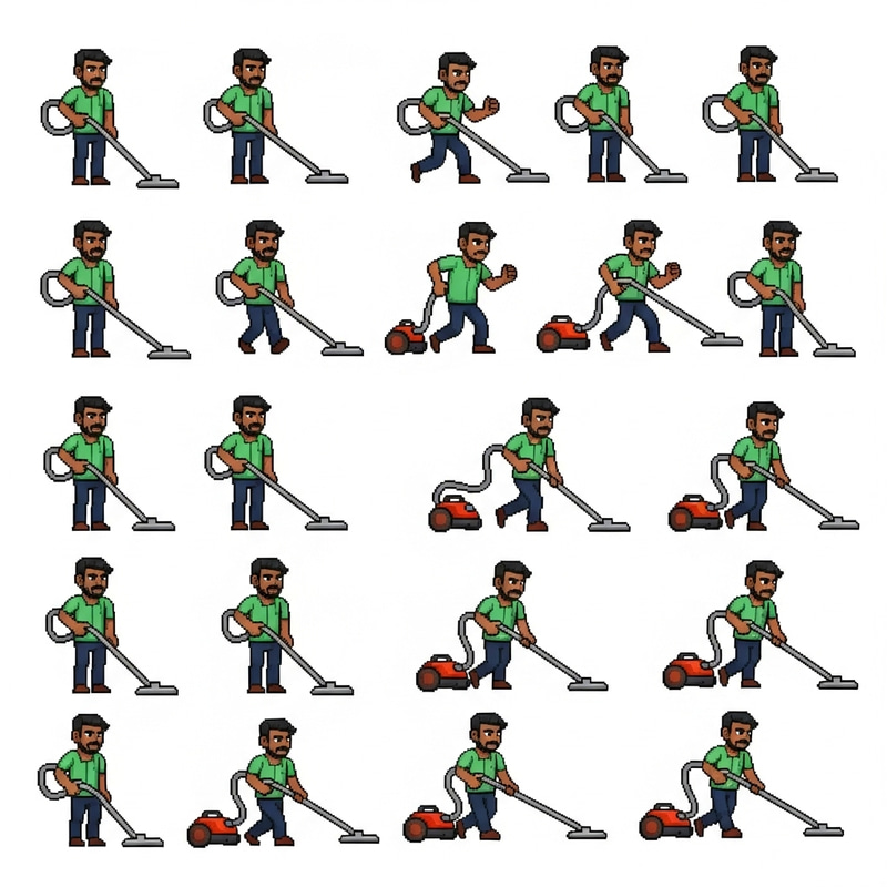 Pixel Art Vacuum Cleaner Character Sheet of South Asian Man Pixel Art Vacuum Cleaner Character Sheet of South Asian Man