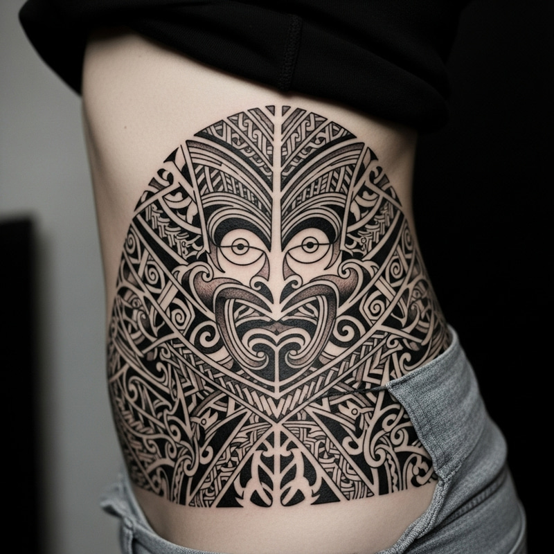 Intricate Black Ink Maori Style Tattoo Below Waistline Intricate Black Ink Maori Style Tattoo Below Waistline