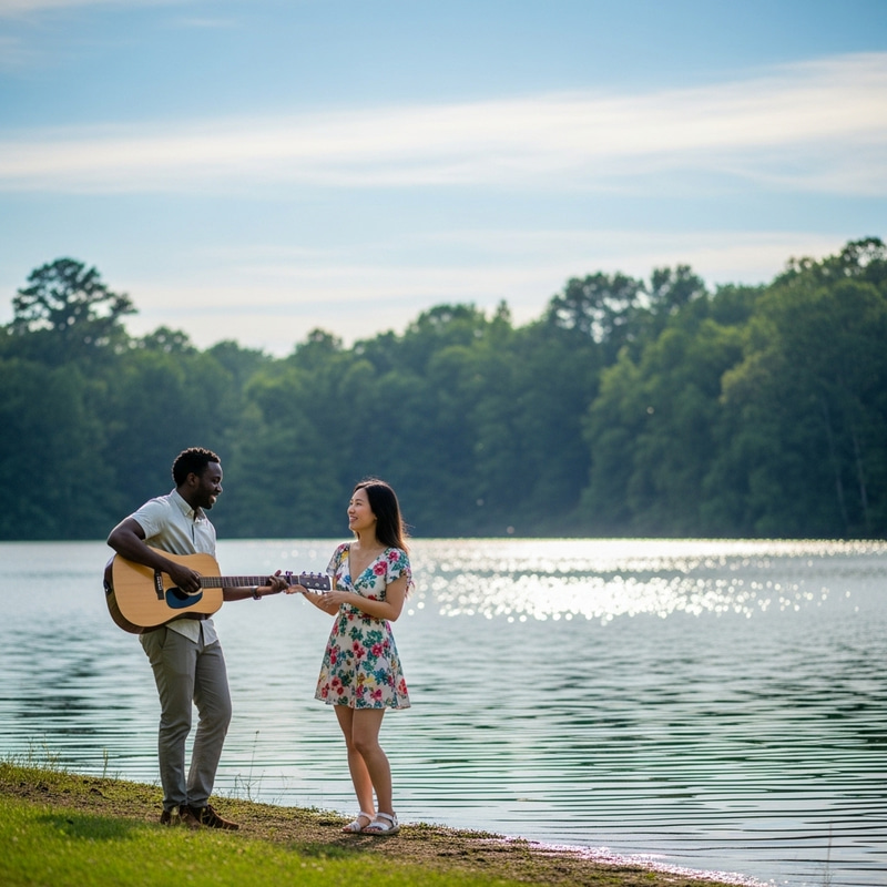Peaceful Lake Scene with Couple: Serenity Captured in Nature Peaceful Lake Scene with Couple: Serenity Captured in Nature