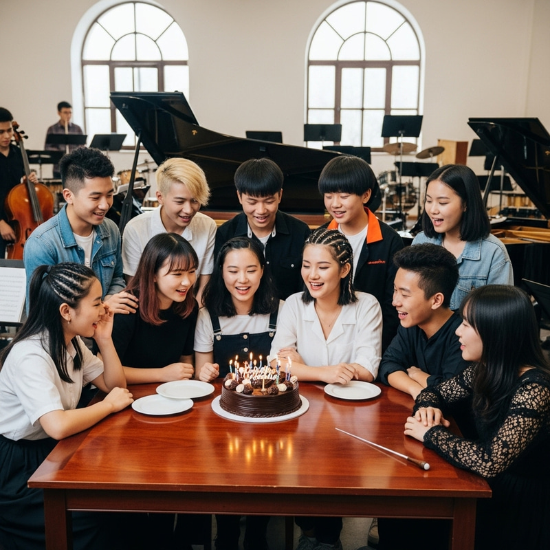 Chinese Teens at a Music Conservatory Celebrate Birthday with Chocolate Cake Chinese Teens at a Music Conservatory Celebrate Birthday with Chocolate Cake