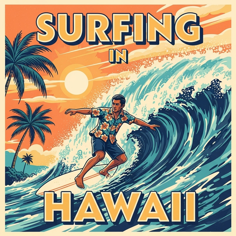 Vintage Surfing in Hawaii Poster - Tropical Sunset Art