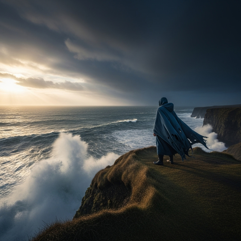 Solitary Figure on Cliff: Nature’s Fury and Beauty Solitary Figure on Cliff: Nature’s Fury and Beauty